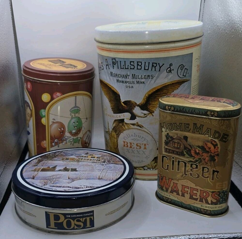 Vintage Advertising Tin Lot Pillsbury Best Flour M&M's Ginger Wafers Saturday...